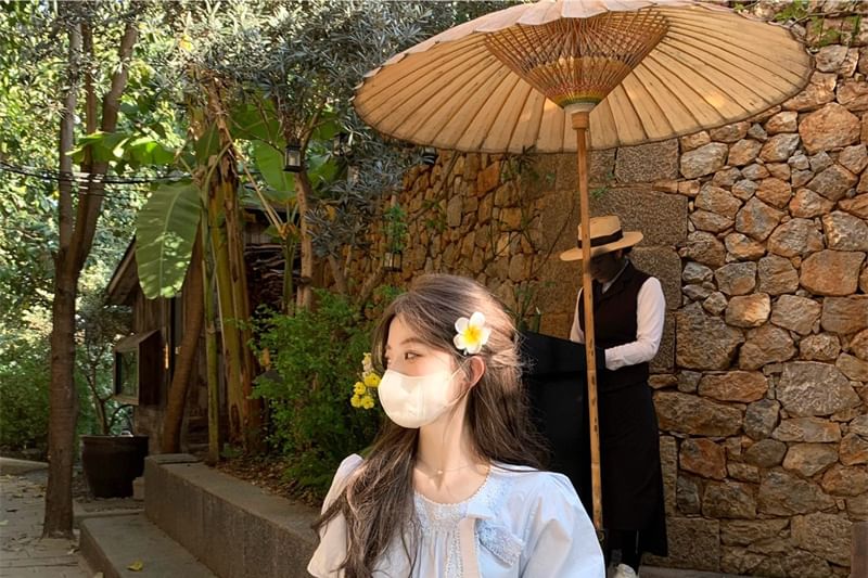 Puff-Sleeve Crew Neck Bow Accent Lace Trim Blouse