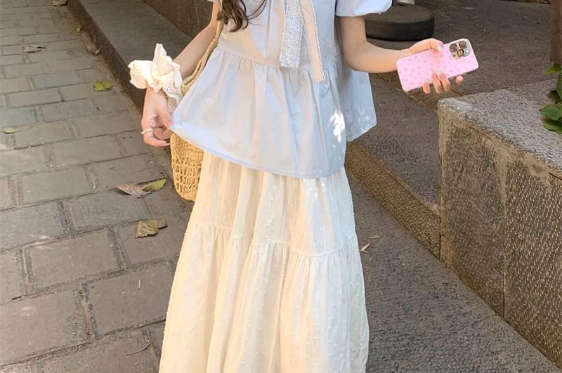 Puff-Sleeve Crew Neck Bow Accent Lace Trim Blouse