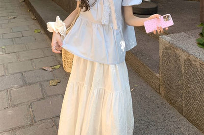 Puff-Sleeve Crew Neck Bow Accent Lace Trim Blouse