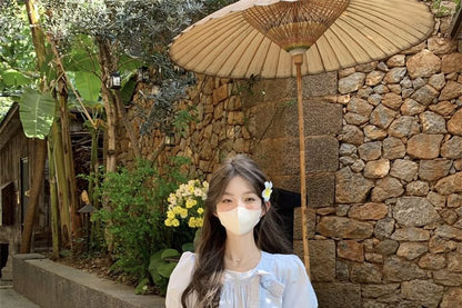 Puff-Sleeve Crew Neck Bow Accent Lace Trim Blouse