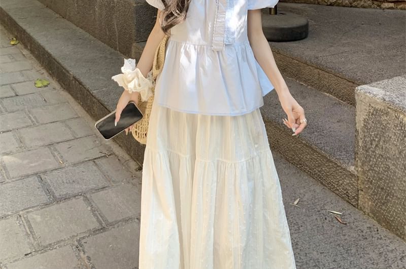 Puff-Sleeve Crew Neck Bow Accent Lace Trim Blouse