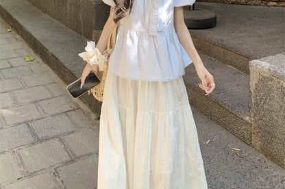 Puff-Sleeve Crew Neck Bow Accent Lace Trim Blouse