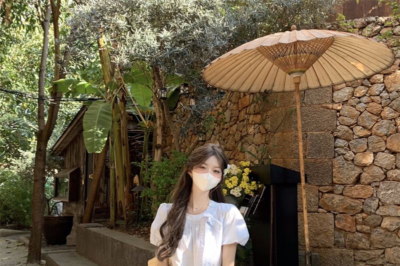 Puff-Sleeve Crew Neck Bow Accent Lace Trim Blouse