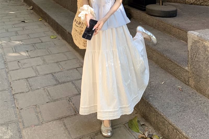 Puff-Sleeve Crew Neck Bow Accent Lace Trim Blouse