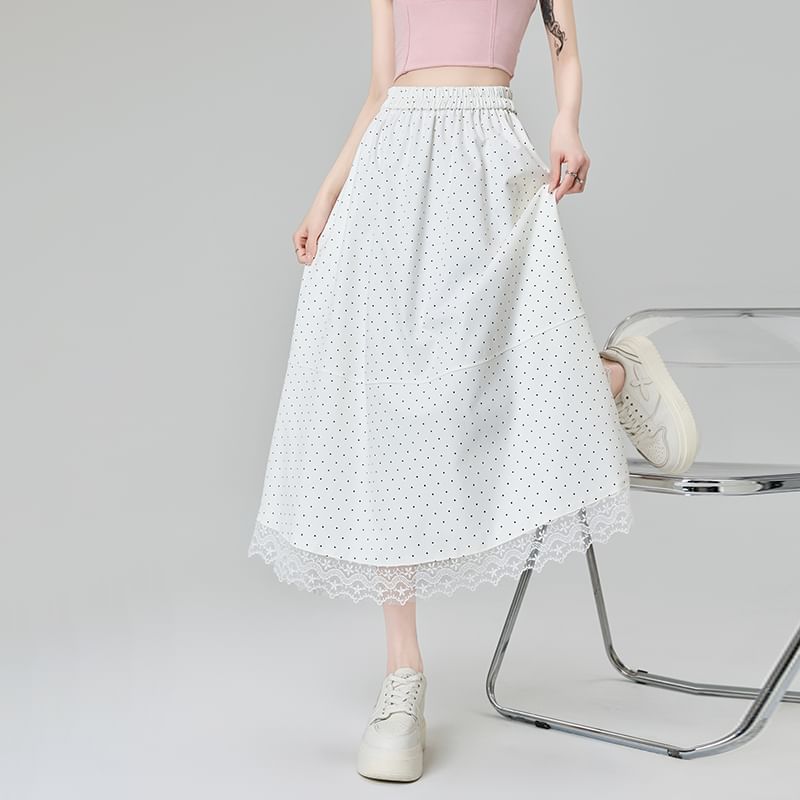 High Waist Dotted Lace Panel Midi A-Line Skirt