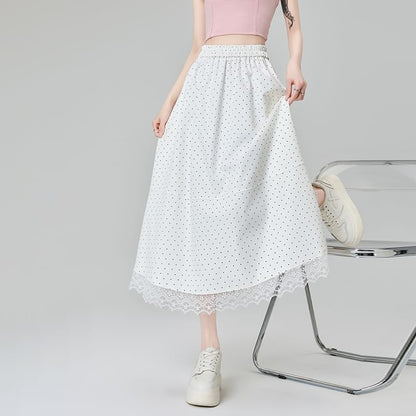 High Waist Dotted Lace Panel Midi A-Line Skirt