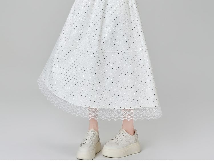 High Waist Dotted Lace Panel Midi A-Line Skirt
