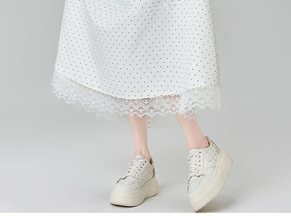 High Waist Dotted Lace Panel Midi A-Line Skirt