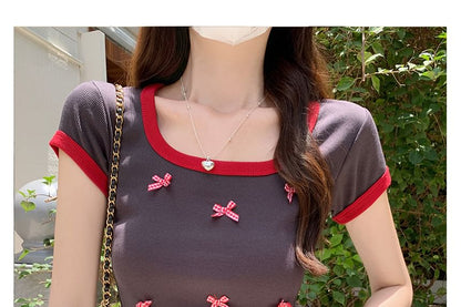 Short-Sleeve Scoop Neck Bow Accent Contrast Trim Crop T-Shirt