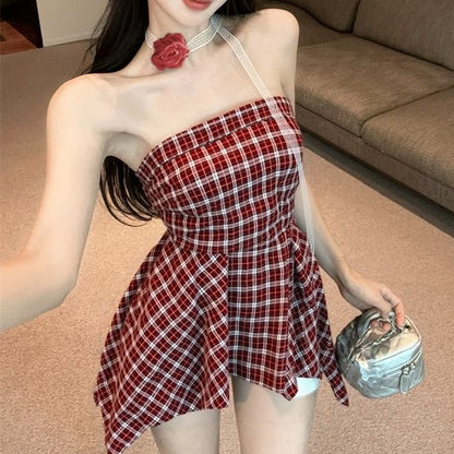 Plaid Asymmetrical Ruched Tube Top