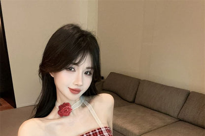 Plaid Asymmetrical Ruched Tube Top