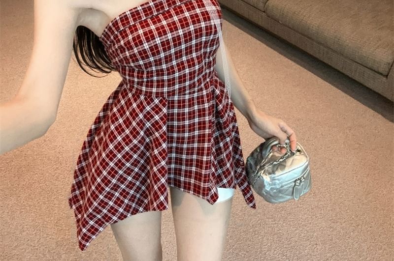 Plaid Asymmetrical Ruched Tube Top