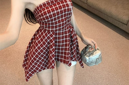 Plaid Asymmetrical Ruched Tube Top