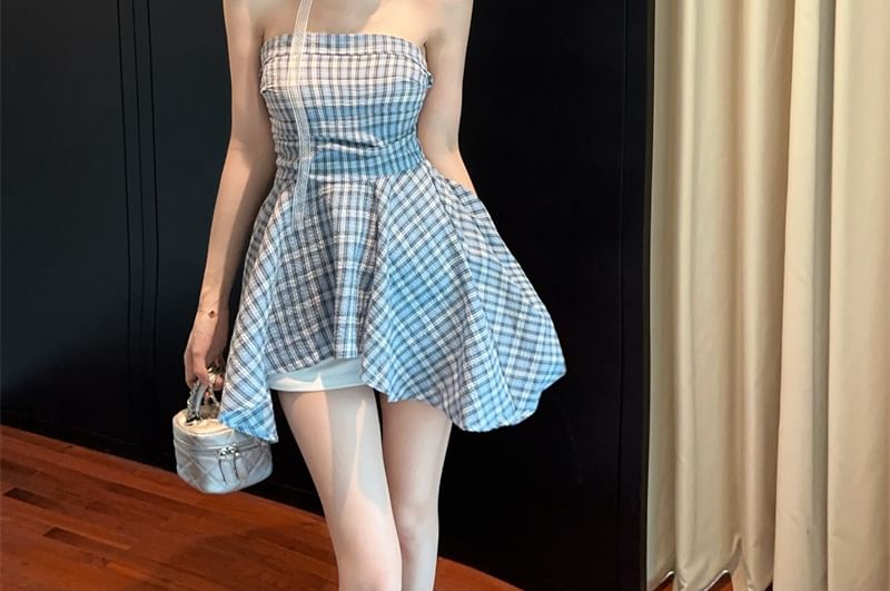 Plaid Asymmetrical Ruched Tube Top