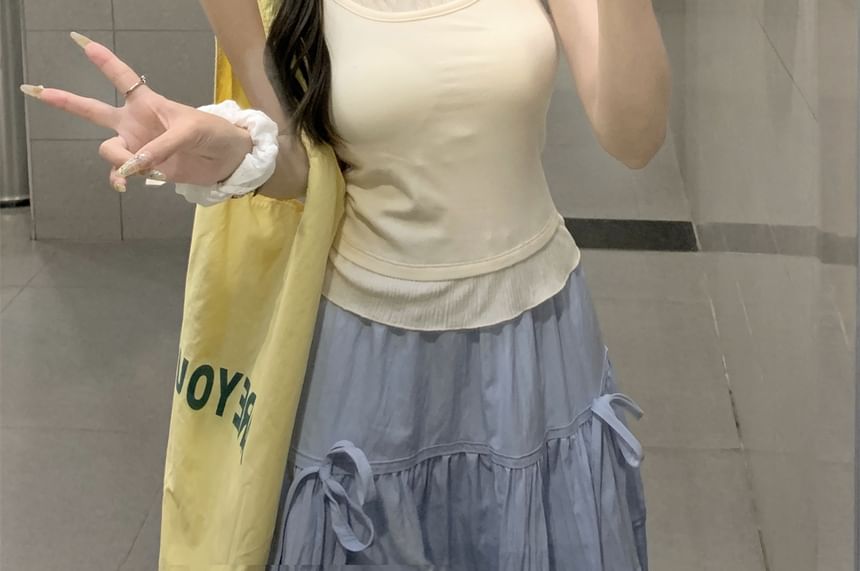 Mock Two-Piece Scoop Neck Two Tone Lettuce Edge Crop Camisole Top