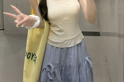 Mock Two-Piece Scoop Neck Two Tone Lettuce Edge Crop Camisole Top