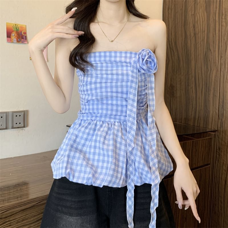 Gingham Floral Accent Ruched Bubble Hem Tube Top