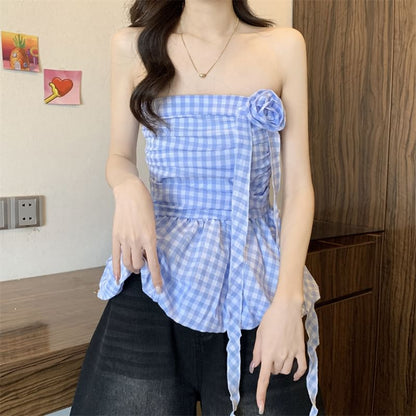 Gingham Floral Accent Ruched Bubble Hem Tube Top