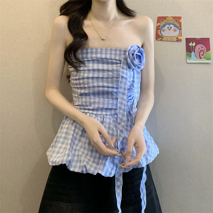 Gingham Floral Accent Ruched Bubble Hem Tube Top