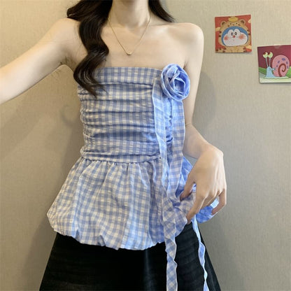 Gingham Floral Accent Ruched Bubble Hem Tube Top