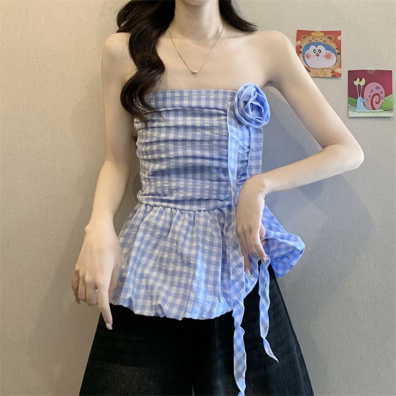 Gingham Floral Accent Ruched Bubble Hem Tube Top