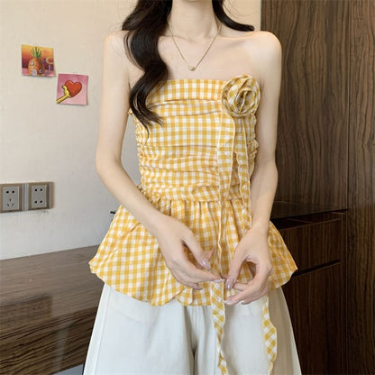 Gingham Floral Accent Ruched Bubble Hem Tube Top