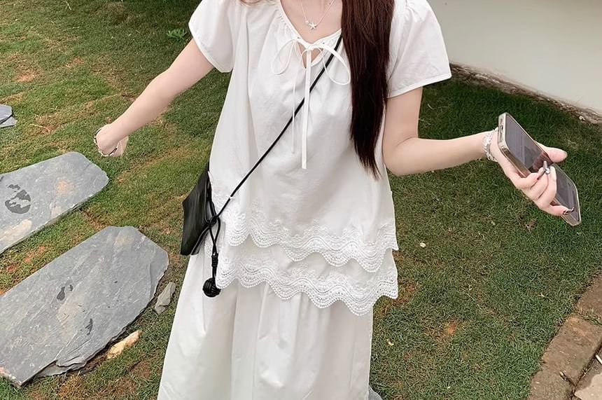 Short-Sleeve Notch Neck Plain Lace Panel Layered Tie Front Blouse