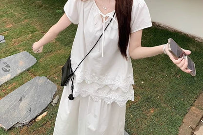 Short-Sleeve Notch Neck Plain Lace Panel Layered Tie Front Blouse