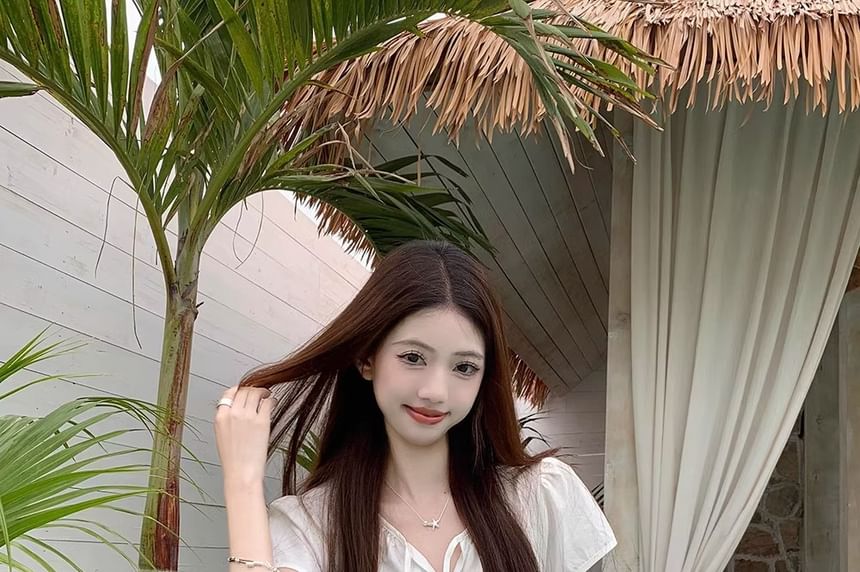 Short-Sleeve Notch Neck Plain Lace Panel Layered Tie Front Blouse