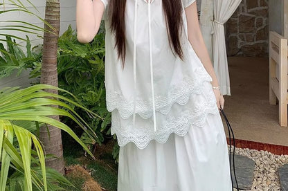 Short-Sleeve Notch Neck Plain Lace Panel Layered Tie Front Blouse