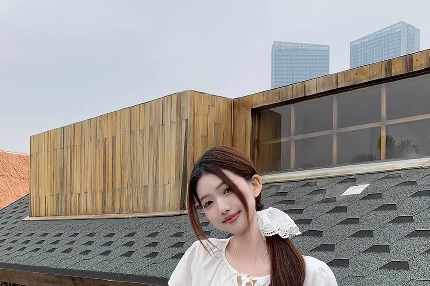 Short-Sleeve Notch Neck Plain Lace Panel Layered Tie Front Blouse