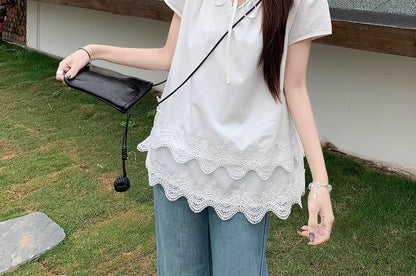 Short-Sleeve Notch Neck Plain Lace Panel Layered Tie Front Blouse