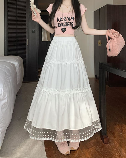 High Waist Lace Panel Frill Trim Midi A-Line Skirt