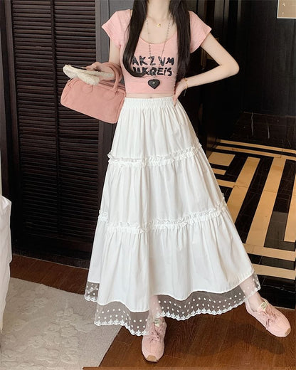 High Waist Lace Panel Frill Trim Midi A-Line Skirt