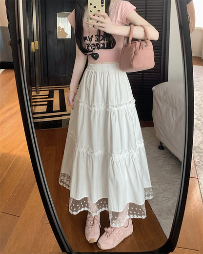 High Waist Lace Panel Frill Trim Midi A-Line Skirt