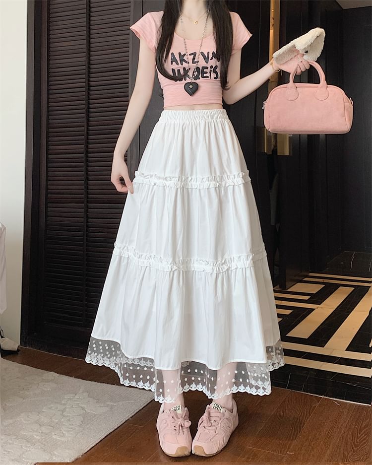 High Waist Lace Panel Frill Trim Midi A-Line Skirt