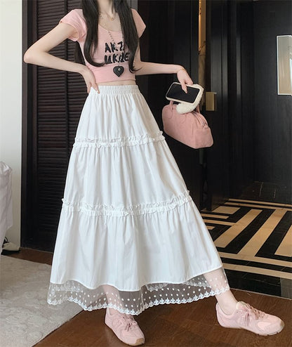 High Waist Lace Panel Frill Trim Midi A-Line Skirt