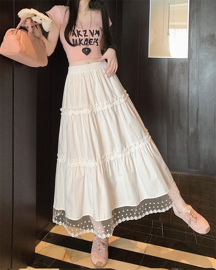 High Waist Lace Panel Frill Trim Midi A-Line Skirt