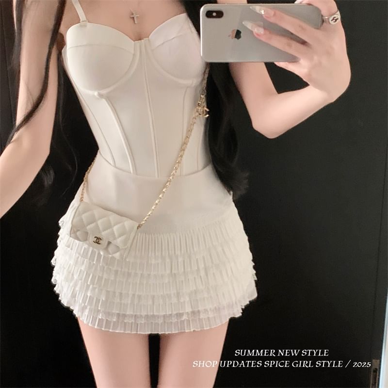 High Rise Plain Lace Panel Tiered Mini A-Line Skirt