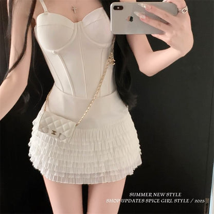 High Rise Plain Lace Panel Tiered Mini A-Line Skirt