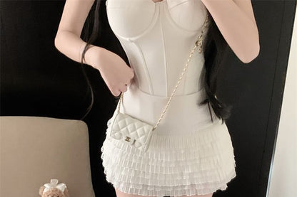 High Rise Plain Lace Panel Tiered Mini A-Line Skirt