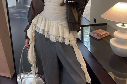 Cowl Neck Asymmetrical Lace Panel Ruffle Hem Camisole Top