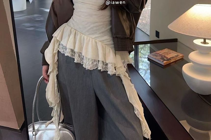 Cowl Neck Asymmetrical Lace Panel Ruffle Hem Camisole Top