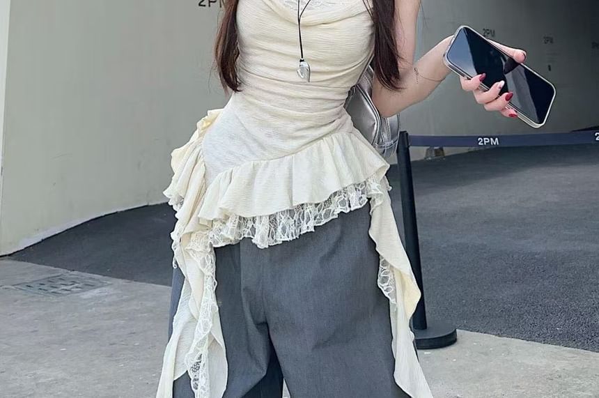 Cowl Neck Asymmetrical Lace Panel Ruffle Hem Camisole Top