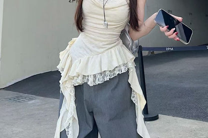 Cowl Neck Asymmetrical Lace Panel Ruffle Hem Camisole Top