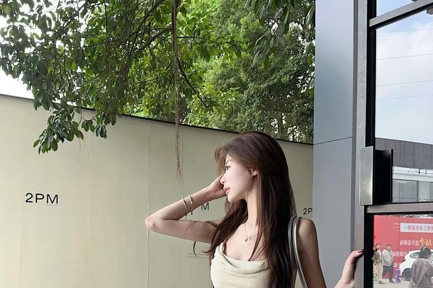 Cowl Neck Asymmetrical Lace Panel Ruffle Hem Camisole Top