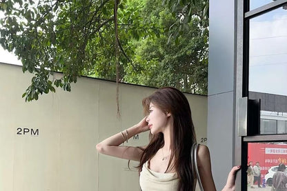 Cowl Neck Asymmetrical Lace Panel Ruffle Hem Camisole Top