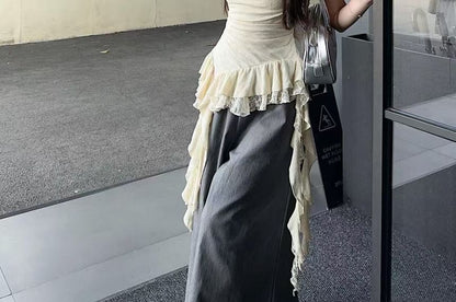 Cowl Neck Asymmetrical Lace Panel Ruffle Hem Camisole Top