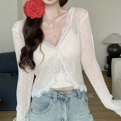 V-Neck Lace Trim One-Buttoned Plain Sheer Crop Cardigan