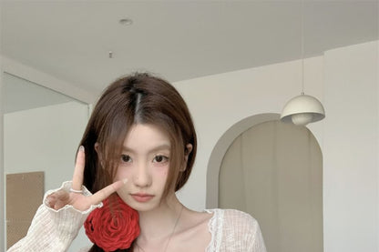 V-Neck Lace Trim One-Buttoned Plain Sheer Crop Cardigan